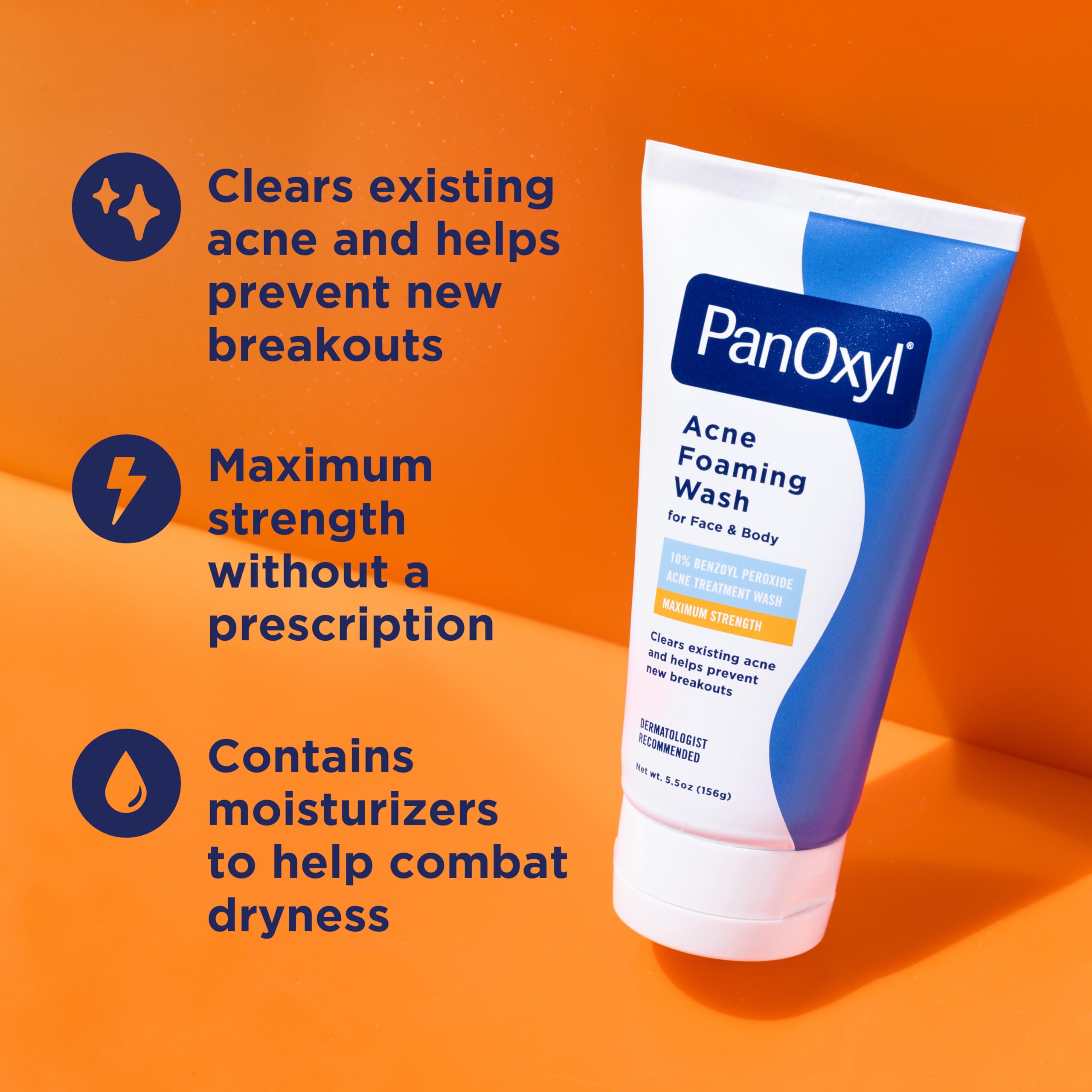 PanOxyl Foaming Wash with 10% Benzoyl Peroxide – Deep Cleansing Antimicrobial Face & Body Wash (Pack of 2), 5.5 oz Each